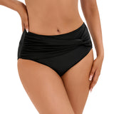 Women's High-Waisted Elastic Ruched Swim Trunks Conservative  Triangle Bikini Bottoms