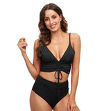 Women's Sexy High-Waisted Bikini: Deep V Drawstring Strap Two-Piece Swimwear