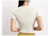 シームレスニット半袖ワークアウトTシャツ:ウエストを絞った体にぴったりフィットするヨガトップ