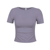 シームレスニット半袖ワークアウトTシャツ:ウエストを絞った体にぴったりフィットするヨガトップ