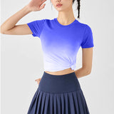 グラデーションスポーツTシャツ 吸湿発散性、スリミング、速乾性 ワークアウトシャツ レディース