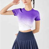 グラデーションスポーツTシャツ 吸湿発散性、スリミング、速乾性 ワークアウトシャツ レディース
