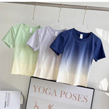 グラデーションスポーツTシャツ 吸湿発散性、スリミング、速乾性 ワークアウトシャツ レディース