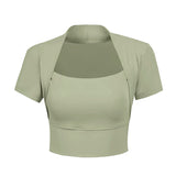 胸パッド入りのスタイリッシュなヨガTシャツ:女性用スリミング半袖フィットネストップス