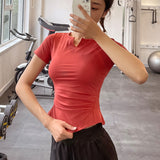 レディース 夏用 薄手ナイロン Vネック スポーツ 半袖 Tシャツ