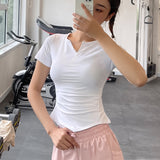 レディース 夏用 薄手ナイロン Vネック スポーツ 半袖 Tシャツ