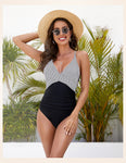 Women's Swimwear Striped Halter One-Piece Swimsuit Open Back Triangle Bathing Suit