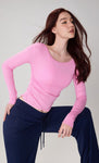 Modal Ribbed Ruched Slim Fit Long Sleeve Yoga Top for Women with Thumb Holes - Round Neck Activewear for Fall