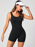 Hollow Back Ribbed Knit Yoga Jumpsuit: Sleeveless, Short Length with Chest Padding