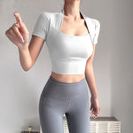 Stylish Yoga Tee with Built-in Chest Padding: Slimming Short Sleeve Fitness Top for Women