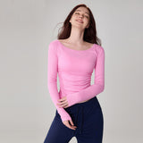 Modal Ribbed Ruched Slim Fit Long Sleeve Yoga Top for Women with Thumb Holes - Round Neck Activewear for Fall