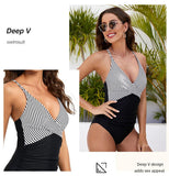 Women's Swimwear Striped Halter One-Piece Swimsuit Open Back Triangle Bathing Suit