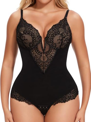 Lace Shapewear Bodysuit for Women Tummy Control Thong Body Suit Sculpting V Neck Body Shaper