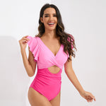 Conservative Ruffle-Edged One-Piece Swimsuit Crossed Front Hollow Out European-Style Swimsuit with Color Block Open Back for Women