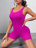 Hollow Back Ribbed Knit Yoga Jumpsuit Sleeveless, Short Length with Chest Padding