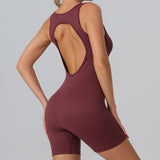 Hollow Back Ribbed Knit Yoga Jumpsuit Sleeveless, Short Length with Chest Padding