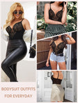 Lace Shapewear Bodysuit for Women Tummy Control Thong Body Suit Sculpting V Neck Body Shaper