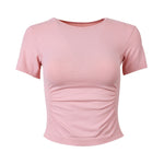 Seamless Knit Short Sleeve Workout Tee: Figure-Hugging Yoga Top with Waist Cinching