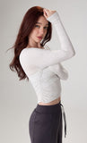 Modal Ribbed Ruched Slim Fit Long Sleeve Yoga Top for Women with Thumb Holes - Round Neck Activewear for Fall