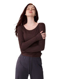 Modal Ribbed Ruched Slim Fit Long Sleeve Yoga Top for Women with Thumb Holes - Round Neck Activewear for Fall